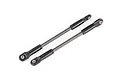 Two Traxxas hardened steel turnbuckles with black plastic rod ends on a white background.