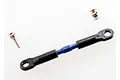 A blue anodized aluminium turnbuckle with black plastic rod ends, accompanied by two separate metal ball pivot studs on a white background.