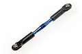 A blue anodized aluminium turnbuckle with black plastic rod ends and metal pivot balls, isolated on a white background.