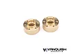 Two Vanquish brass SLW 350 beadlock wheel hex hubs shown from an angled top-down perspective against a white background.