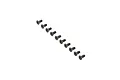 A set of ten black metal countersunk head screws with hex drive sockets arranged in a diagonal line on a white background.