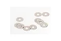 A collection of ten small, circular silver-coloured metal washers scattered on a plain white background.