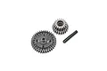 Losi Super Baja Rey centre transmission gear set including two metal gears and a steel pin on a white background.
