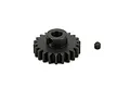 A black metal 22-tooth pinion gear with a set screw, isolated on a white background.
