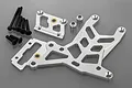 Rovan silver aluminium heavy-duty rear upper chassis plate set with mounting hardware and spacers on a grey background.