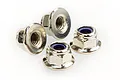 A set of four silver-coloured flanged nyloc nuts with blue nylon inserts, arranged on a white background.