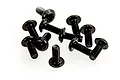 A small pile of ten black metal washer head screws with Phillips drive heads, isolated on a white background.