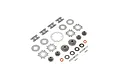 A collection of metal differential gears, shims, pins, and O-rings for the Losi Super Baja Rey, laid out on a white background.