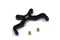 A black anodized aluminium rear body mount for RC cars by Yeah Racing, shown with two small brass bushings on a white background.