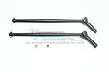 Two black hardened steel CVD drive shafts for RC cars with two small grub screws, featuring the GPM Racing logo in the background.
