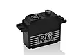 Power HD R6 black aluminium mini coreless servo with metal output gear, shown from a side angle on a white background.