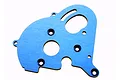 A blue anodized aluminium motor plate for Traxxas RC vehicles, featuring various mounting holes and a curved shape.