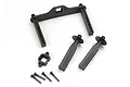 Traxxas body mount set including a U-shaped mount, two vertical posts, a small bracket, and four screws on a white background.
