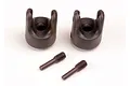 Two black differential output yokes and two threaded grub-pin screws for Traxxas RC vehicles.