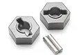 Two grey steel 14mm wheel hex adapters and two small metal axle pins for Traxxas RC vehicles.