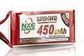 A red NXE Super-Nano 450mAh 30C LiPo battery pack with a white label showing specifications and a 7.4V indicator.