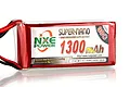 NXE Super-Nano 1300mAh 30C LiPo battery pack with red metallic casing and visible wiring.