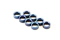 Eight small blue anodized aluminium spacers arranged in a cluster on a white background.
