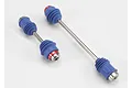 Two Traxxas steel CV drive shafts with blue rubber boots and metal ends on a white background.