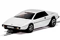 A white Scalextric 1/32 scale James Bond Lotus Esprit S1 slot car on a track, featuring the iconic wedge-shaped design and PPW 306R license plate.