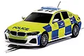 A 1/32 scale Scalextric BMW 330i M Sport police slot car with yellow and blue high-visibility livery on a white background.
