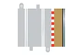 A top-down digital illustration of a Scalextric slot car track border section with a red and white striped curb.