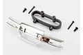 Traxxas chrome front bumper with black plastic mount and four mounting screws on a white background.