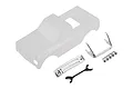 A clear, unpainted 1/24 scale RC truck body shell with chrome-plated plastic accessories including a grille, bumper, and light buckets.