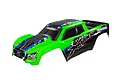 A green and black pre-painted Traxxas X-Maxx RC truck body shell with blue accents and X-Maxx branding on a white background.