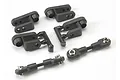 A set of black plastic Traxxas steering servo horns and metal linkage assemblies on a white background.