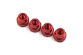 Four red anodized aluminium knurled setup system lock nuts arranged in a row against a white background.