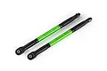 Two green anodized aluminium turnbuckles with black plastic rod ends on a white background.