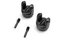 Two black differential output yokes and two matching grub screws for Traxxas RC vehicles on a white background.