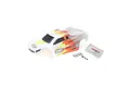 Losi Mini-T 2.0 pre-painted RC body shell in white and grey with orange flame decals, including a rear wing and mounting hardware.