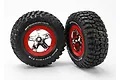 Two Traxxas RC short course wheels with black BFGoodrich Mud-Terrain T/A KM2 tires mounted on chrome and red rims against a white background.