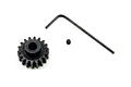 A black steel 18-tooth pinion gear with a matching grub screw and an L-shaped hex key on a white background.