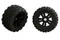 Two ARRMA dBoots Copperhead2 monster truck wheels with black 5-spoke rims and aggressive tread patterns, shown from side and front angles.