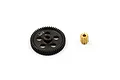 A black spur gear with the Yeah Racing logo and a small brass pinion gear isolated on a white background.