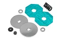 HPI Racing slipper pad set including two teal octagonal pads, two metal discs, a black spring, spacers, and a nut on a white background.