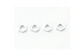 Four silver-coloured hexagonal wheel nuts arranged in a horizontal row against a plain white background.