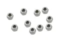 A top-down view of nine silver-coloured 2mm nyloc nuts arranged on a plain white background.