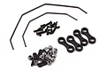 Losi sway bar set including two metal sway bars, black plastic ball ends, metal pivot balls, and various black screws on a white background.