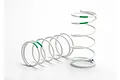 Two white RC shock springs with green stripe markings, standing on a white background.