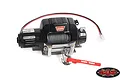 RC4WD 1/10 scale Warn 9.5CTI-S winch in black with a red pull strap and metal hook, isolated on a white background.