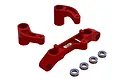 ARRMA red anodized aluminium steering assembly set including steering rack, bellcranks, and four ball bearings on a white background.