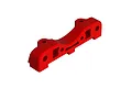 A red anodized aluminium suspension arm pin mount for an ARRMA RC vehicle, shown from a high-angle perspective against a white background.