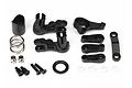 Traxxas steering bellcrank set components including black plastic arms, metal spring, screws, and washers on a white background.