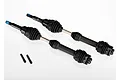 Two Traxxas steel-spline CV drive shafts with black rubber boots and two small metal grub screws on a white background.