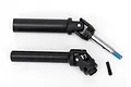 Traxxas rear drive shaft assembly featuring black plastic shafts, metal universal joints, and a threaded axle with blue threadlocker.
