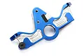 A blue anodized aluminium motor mount for Traxxas RC vehicles, featuring machined silver accents and a black screw.